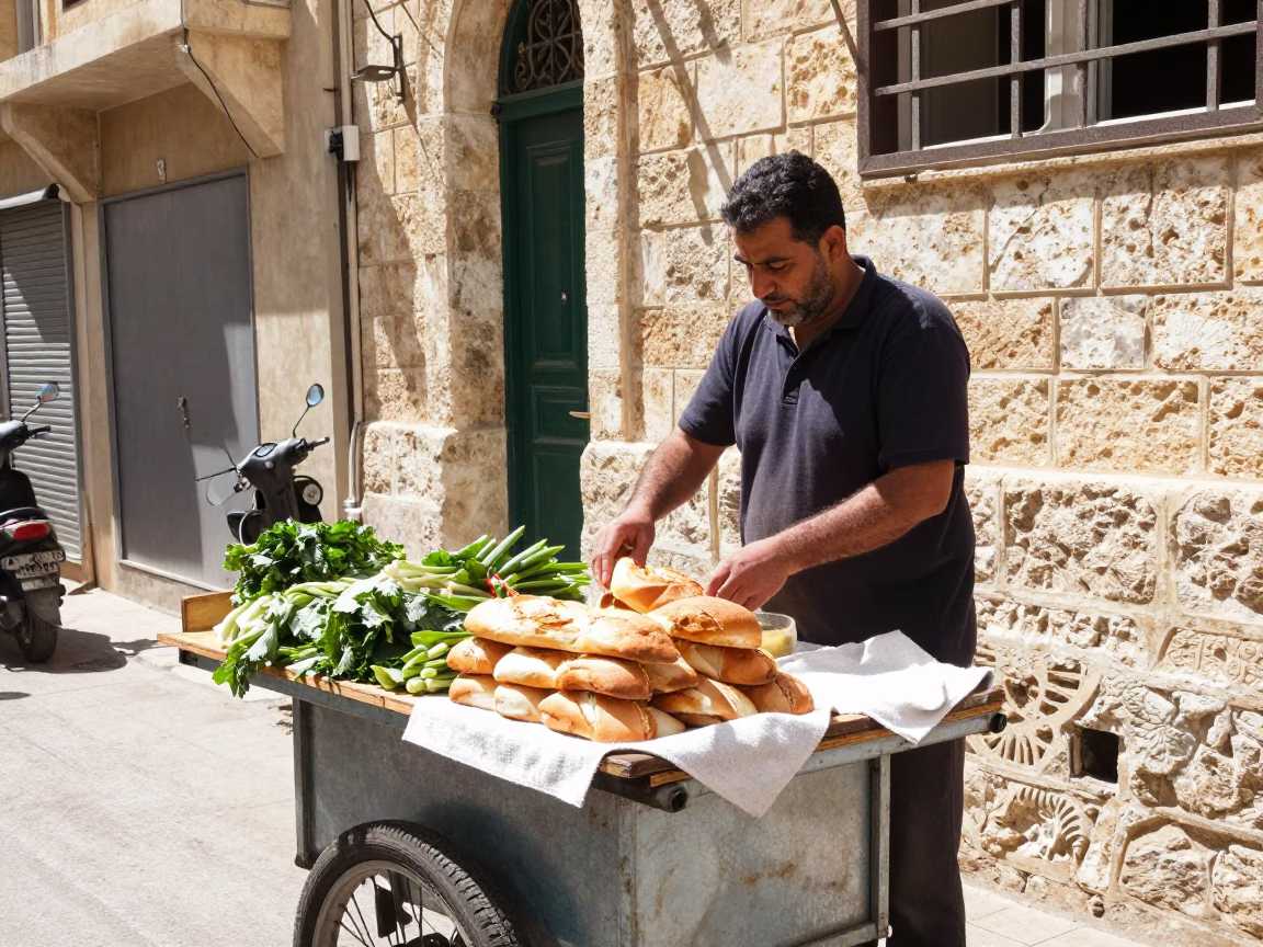 Beirut Street Vendor Midmorning Light with Cloth and Loaf Pan in in Beirut, Lebanon