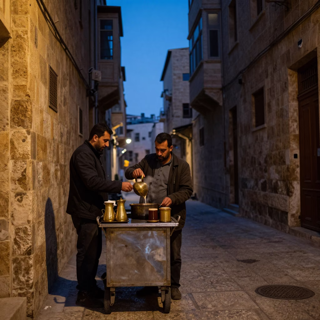 Beirut Street Vendor Preparing Coffee Before Dawn with Brass Handle and Utensil Crock in in Beirut, Lebanon
