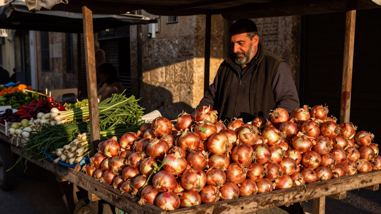 Beirut Street Vendor Selling Fresh Onions and Produce in Honeyed Evening Light in in Beirut, Lebanon