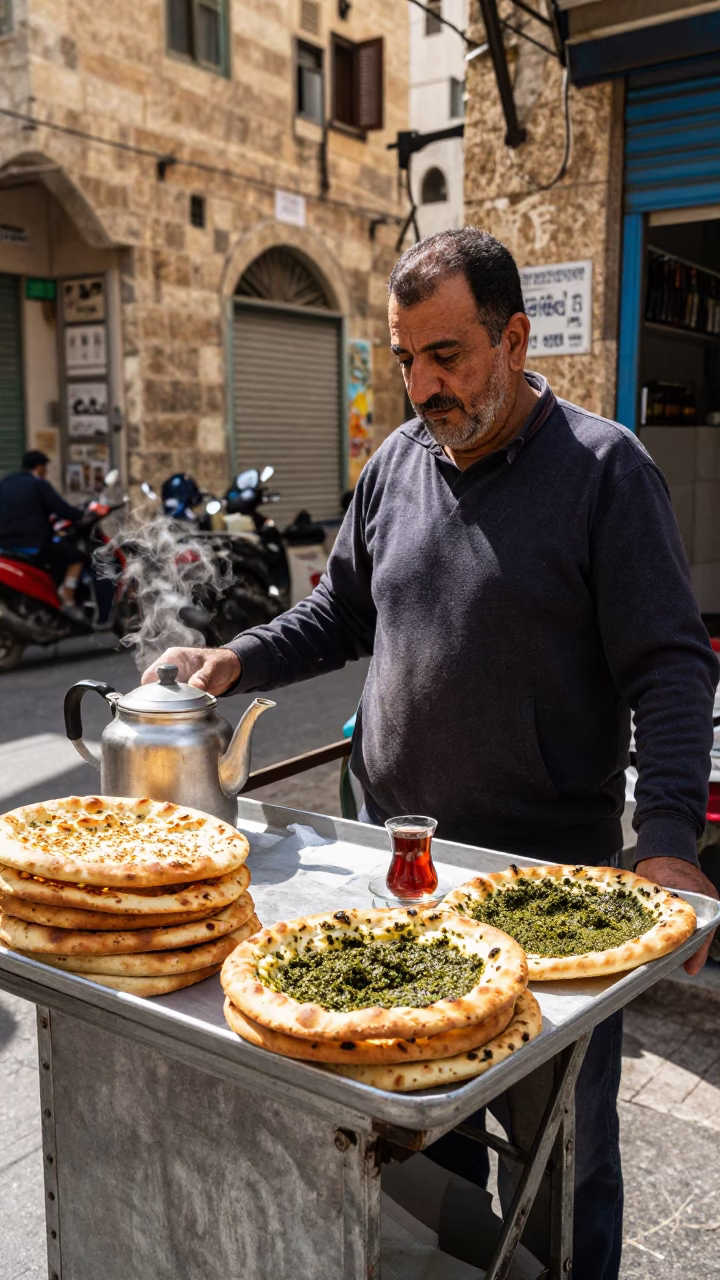 Beirut Street Vendor Selling Fresh Zaatar Manakeesh and Hot Tea at Midday in in Beirut, Lebanon