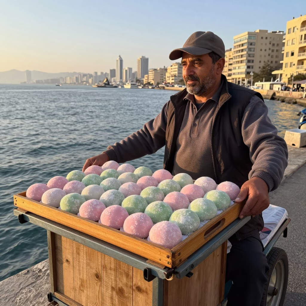 Beirut Street Vendor Selling Traditional Mochi Pastries at Nautical Dawn in in Beirut, Lebanon