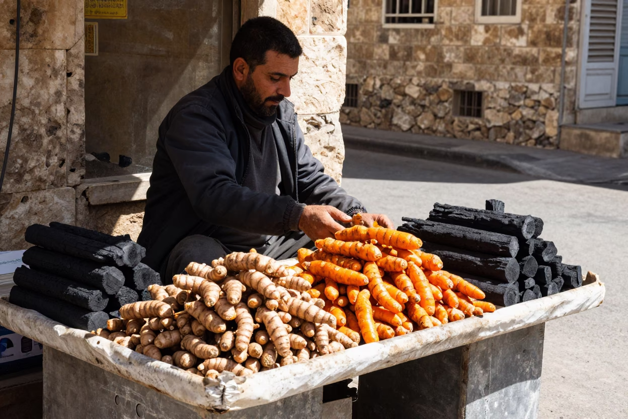 Beirut Street Vendor Selling Turmeric and Charcoal in Bright Midmorning Light in in Beirut, Lebanon