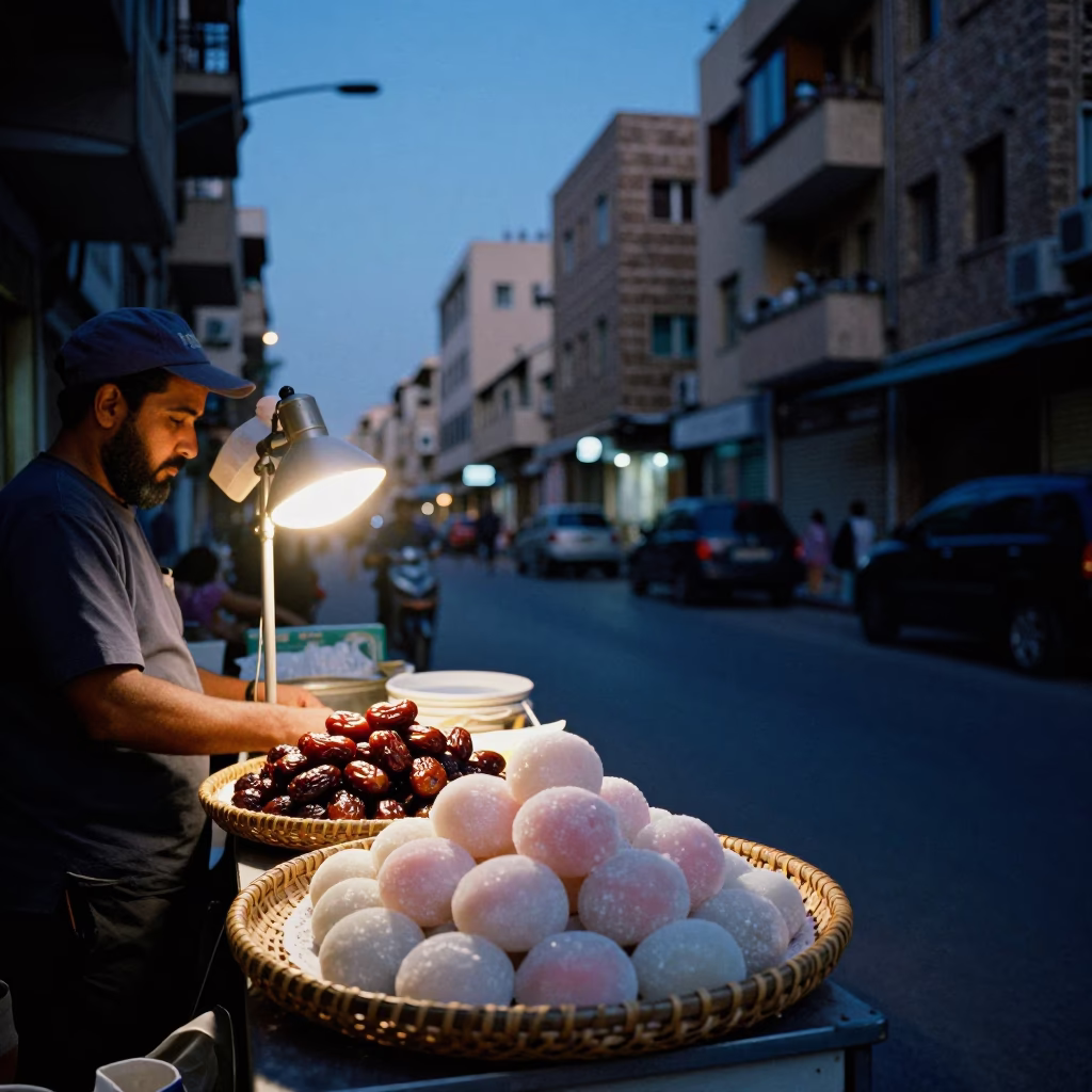 Beirut Street Vendor Serving Dates and Mochi Under Indigo Twilight Streetlights in in Beirut, Lebanon