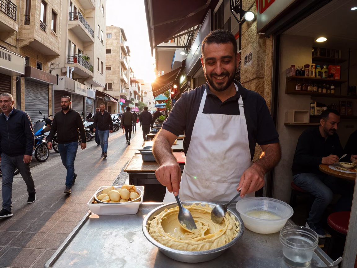 Beirut street vendor serving hummus and cutlery to smiling customers at dawn in in Beirut, Lebanon