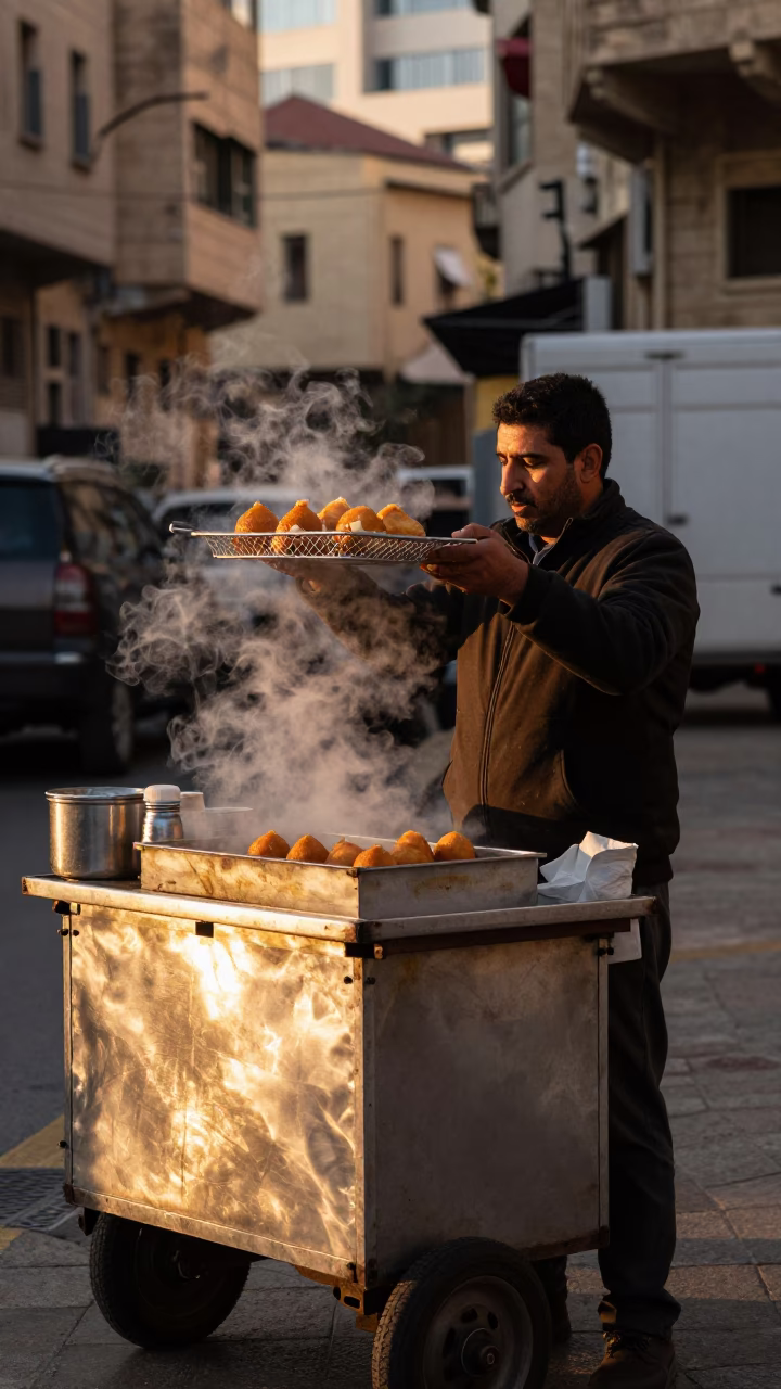 Beirut Street Vendor Serving Steaming Arancini in Honeyed Evening Light in in Beirut, Lebanon