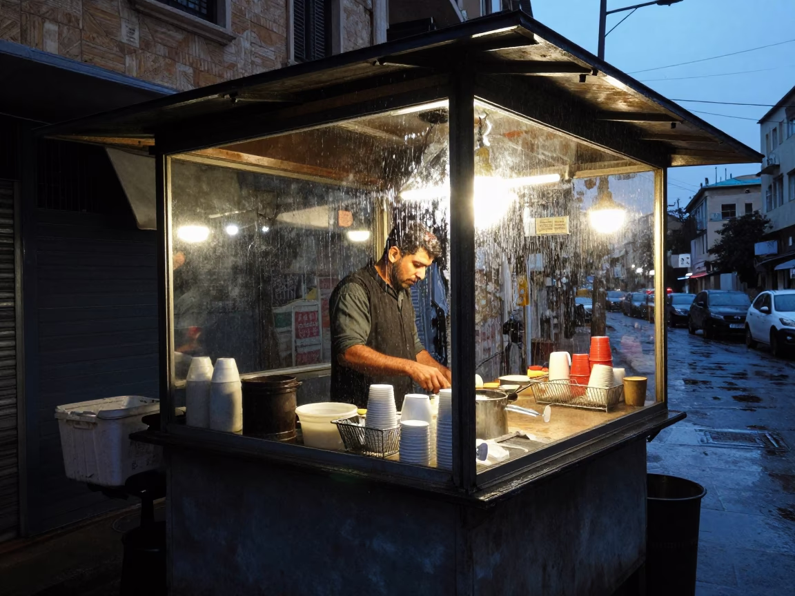 Beirut street vendor stall with rain and dusk lighting in in Beirut, Lebanon