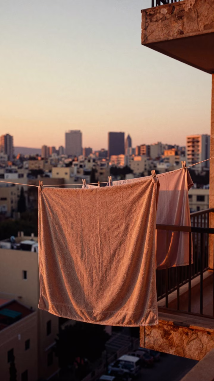 Beirut Sunset Laundry Drying on Balcony with City Skyline View in in Beirut, Lebanon