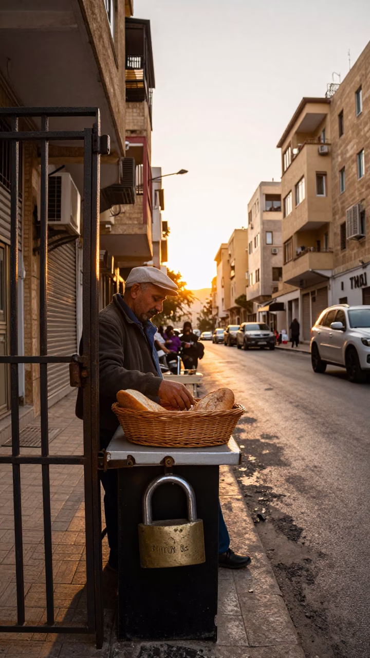 Beirut Sunset Street Scene with Bread Basket and Padlock on Balcony in in Beirut, Lebanon
