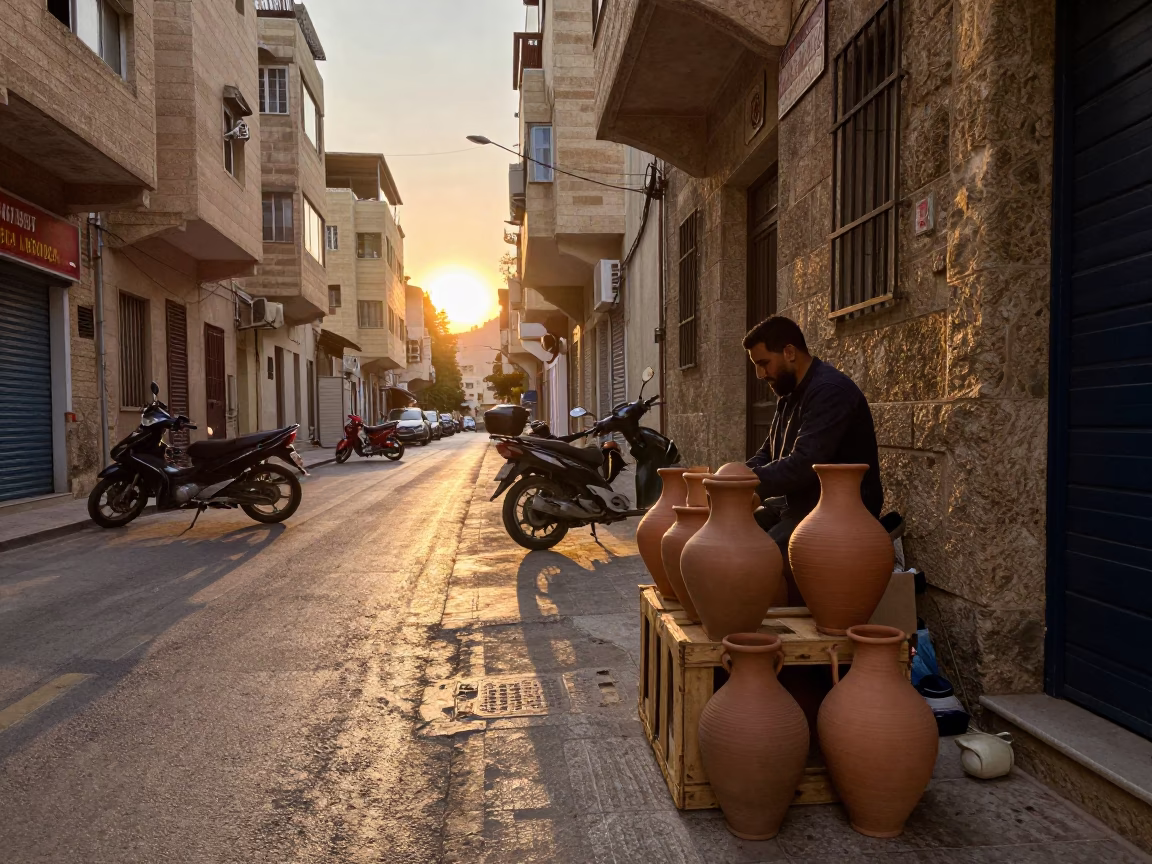 Beirut Sunset Street Scene with Clay Pots and Motorcycles in in Beirut, Lebanon