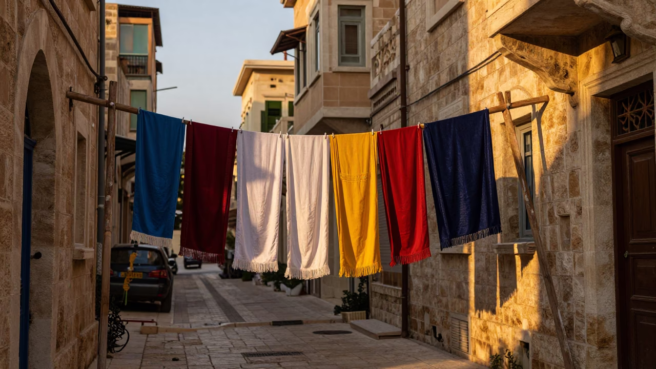 Beirut Sunset Street Scene with Drying Rack and Traditional Laundry in Lebanon in in Beirut, Lebanon