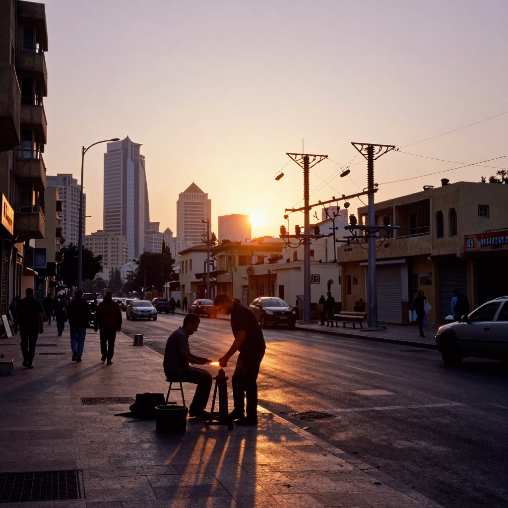 Beirut Sunset Street Scene with Glassblower and Substation Insulators in Golden Hour Light in in Beirut, Lebanon
