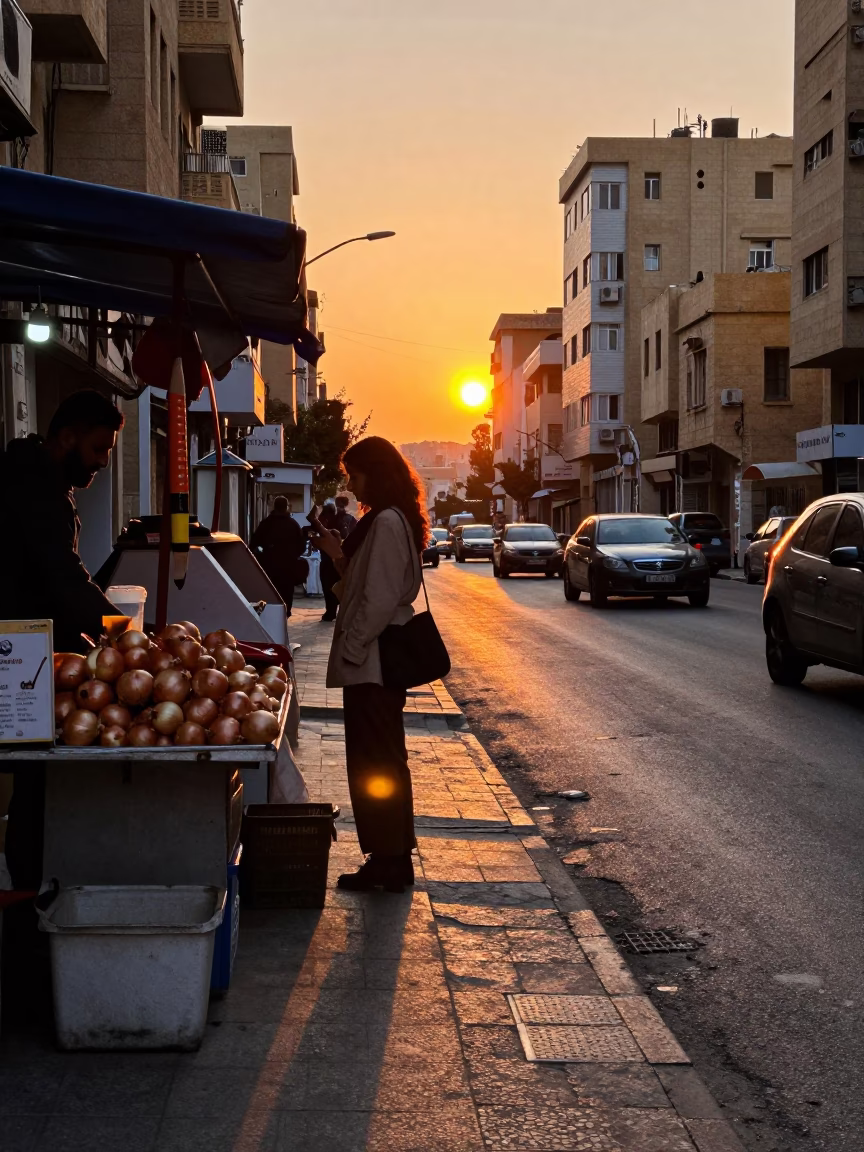 Beirut Sunset Street Scene with Onions and Mechanical Pencil in 1980s Fashion in in Beirut, Lebanon