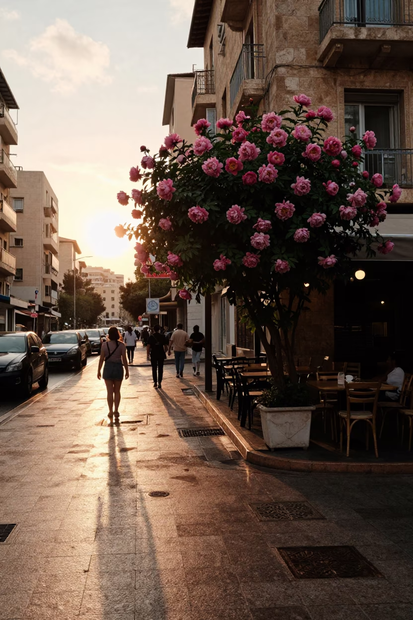 Beirut Sunset Street Scene with Peony Bush and Urban Activity in in Beirut, Lebanon