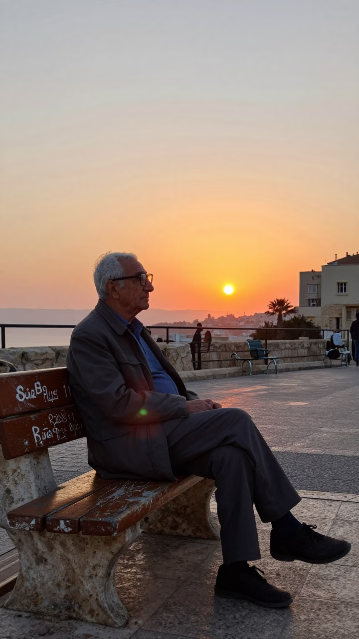 Beirut Sunset Street Scene with Retired Astronomer and Scratched Bench in in Beirut, Lebanon