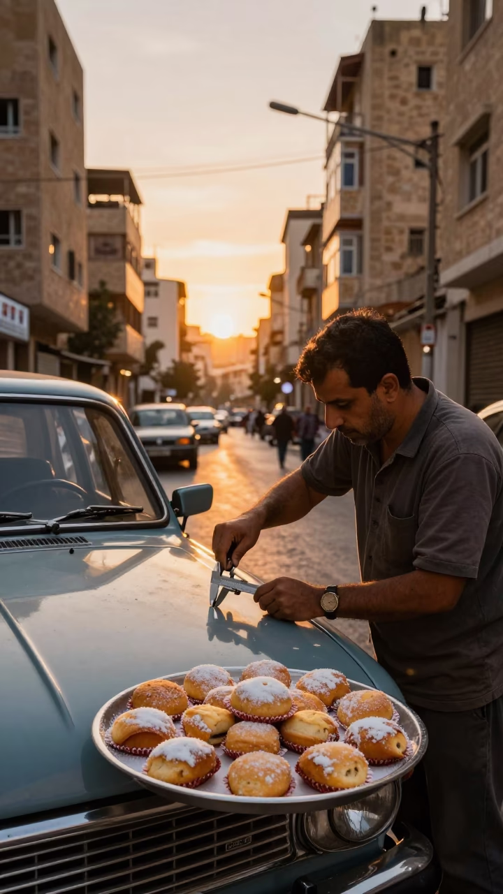 Beirut Sunset Street Scene with Tray of Alfajores and Calipers in in Beirut, Lebanon