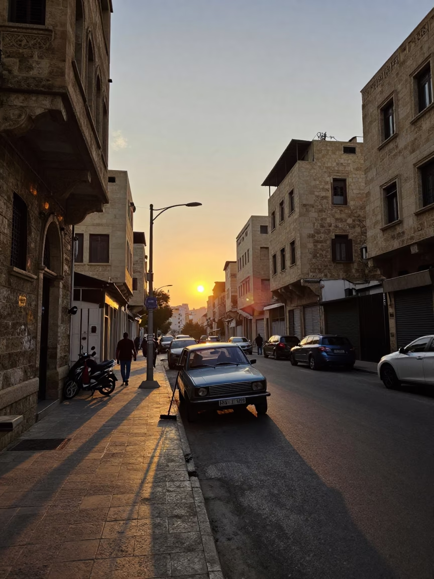 Beirut Sunset Street Scene with Vintage Car and Broom in in Beirut, Lebanon