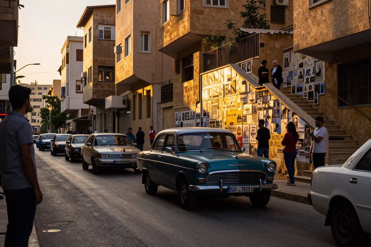 Beirut Sunset Street Scene with Vintage Car Rally and School Staircase in in Beirut, Lebanon