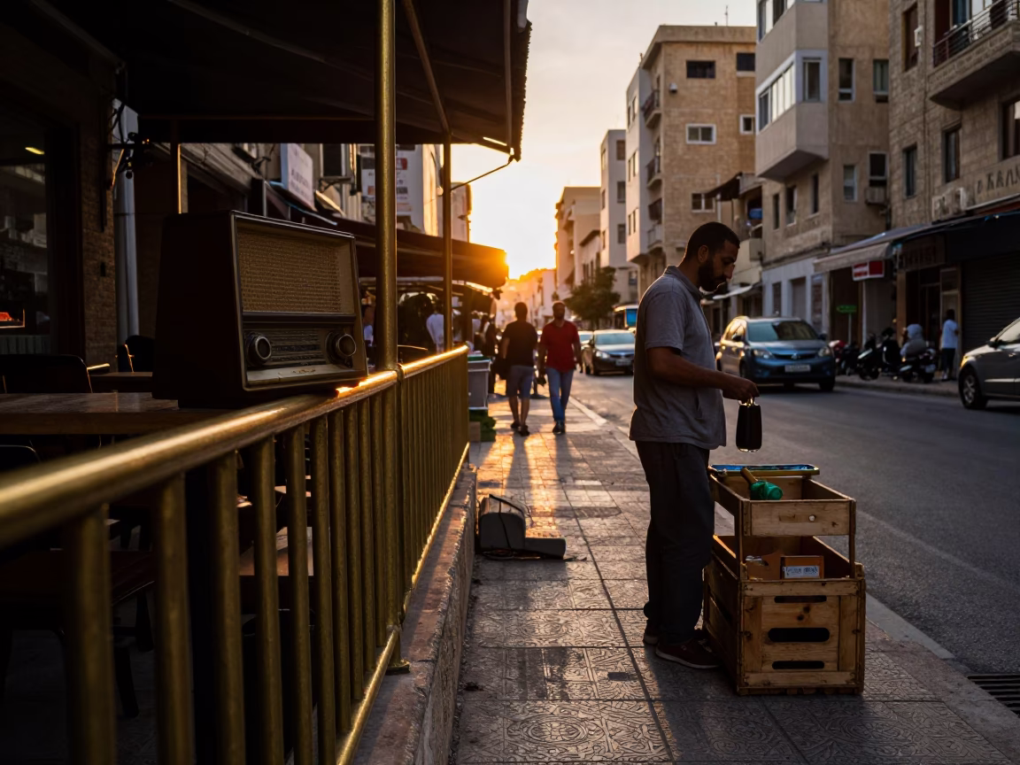 Beirut Sunset Street Scene with Vintage Radio and Polished Brass Rail in in Beirut, Lebanon