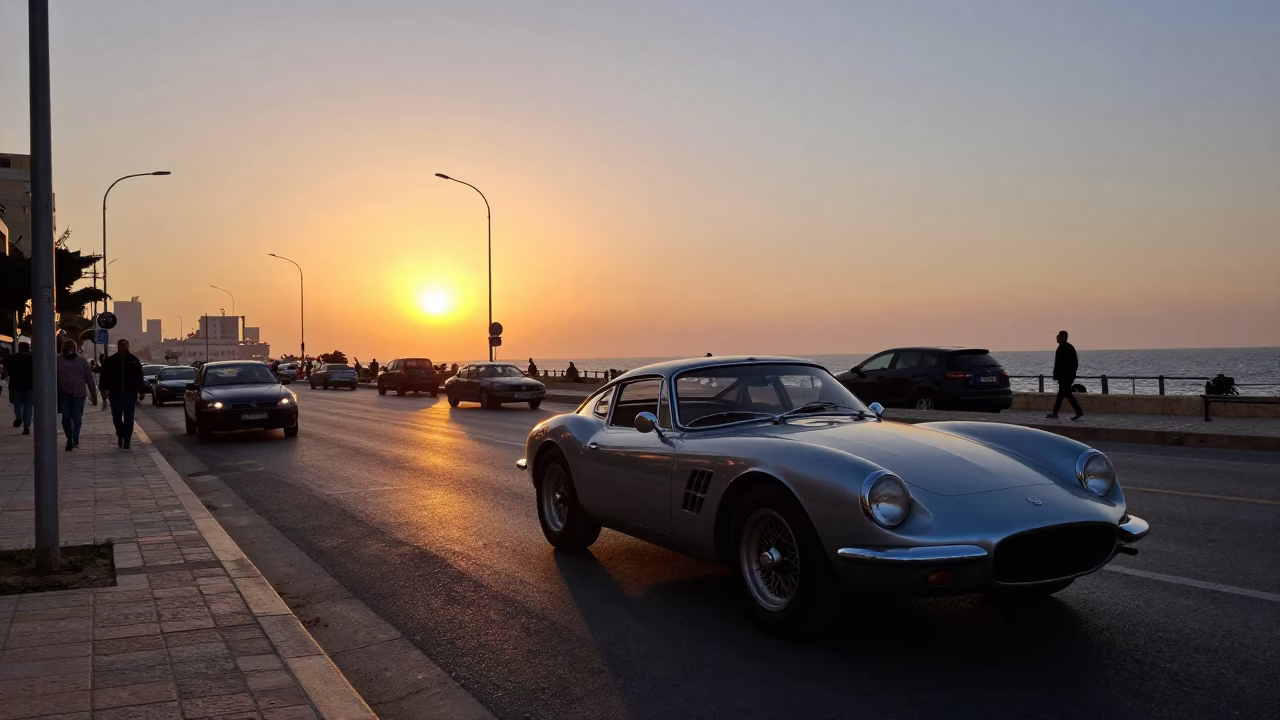 Beirut Sunset Street Scene with Vintage Sports Car and Local Dining Culture in in Beirut, Lebanon