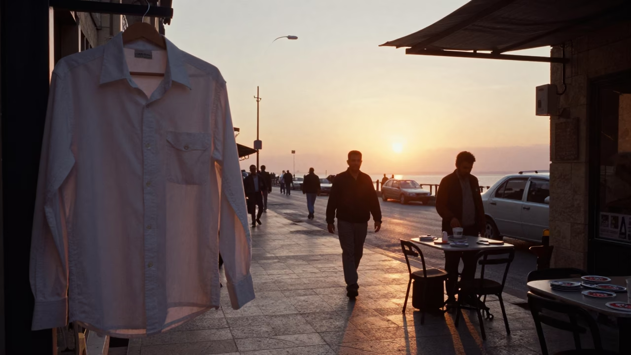 Beirut Sunset Stroll with Shirt Hanger and Coaster on Balcony in in Beirut, Lebanon