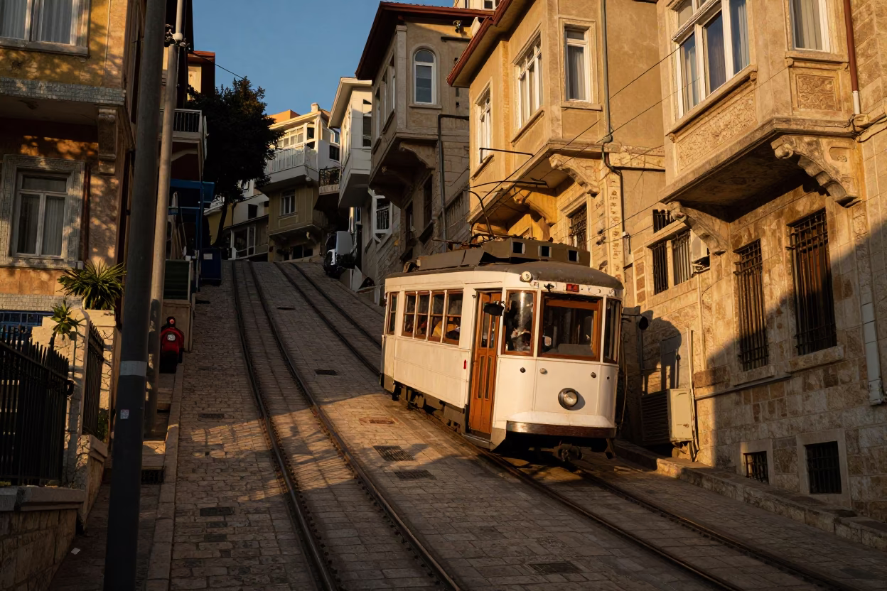 Beirut Tram Climbing Steep Hill in Honeyed Evening Light in in Beirut, Lebanon