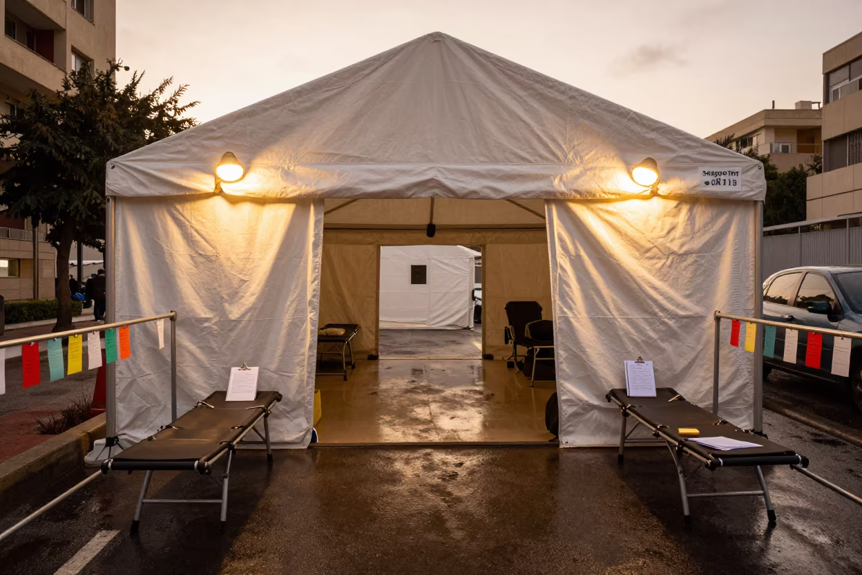 Beirut Triage Tent Golden Hour Rain in outside an emergency intake entrance in Beirut