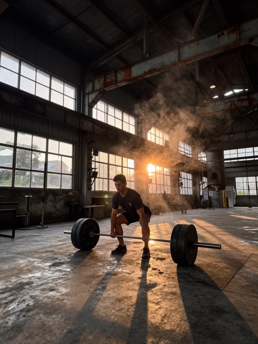 Belem Foundry Deadlift Chalk Dust Sunset in in a foundry in Belem