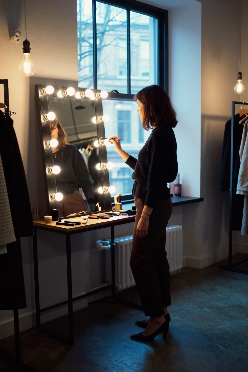 Belfast Fashion Showroom Mirror Storm Light in beside a mirror lined with makeup bulbs in Belfast