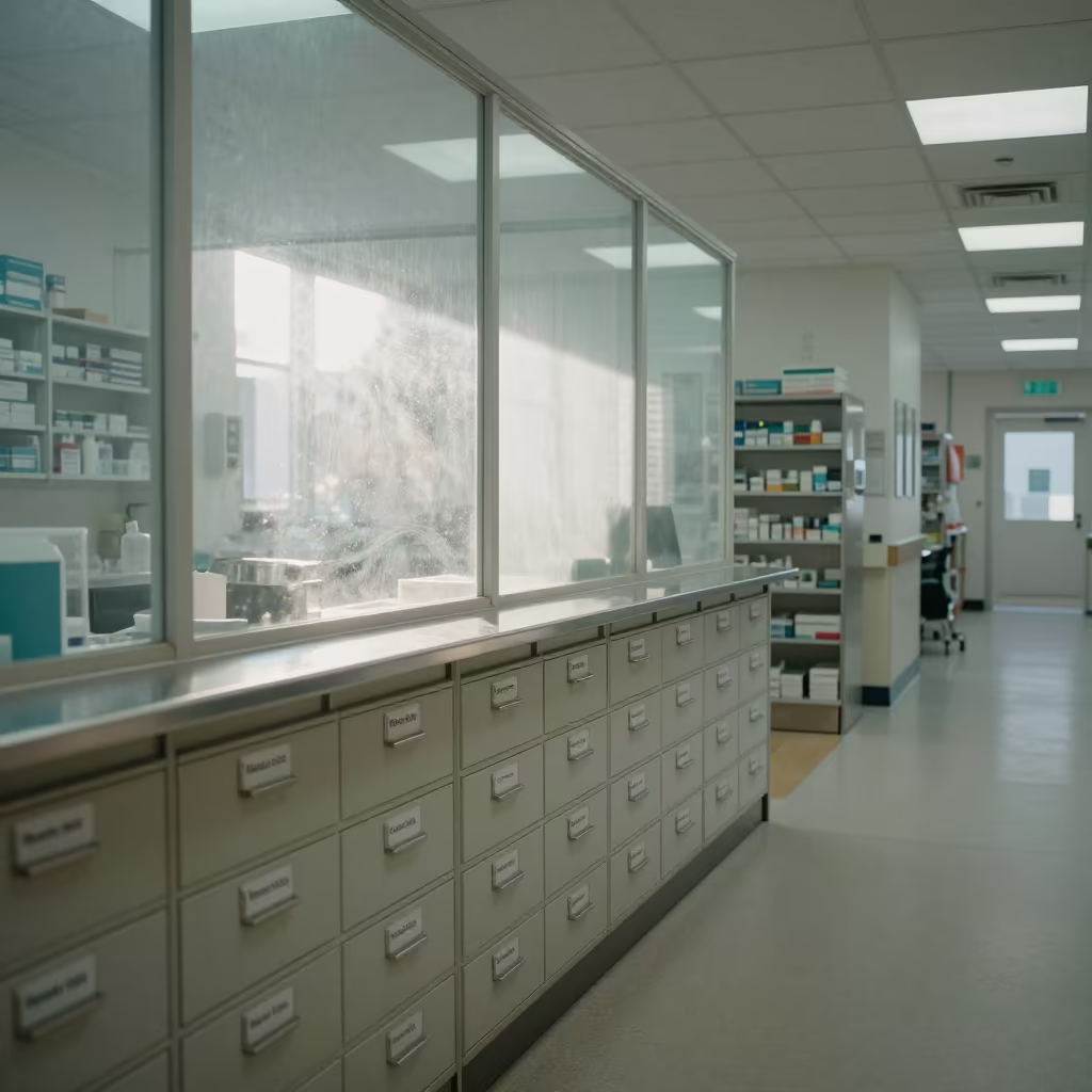 Belfast Pharmacy Counter with Plexiglass Screen in inside a hospital corridor in Belfast