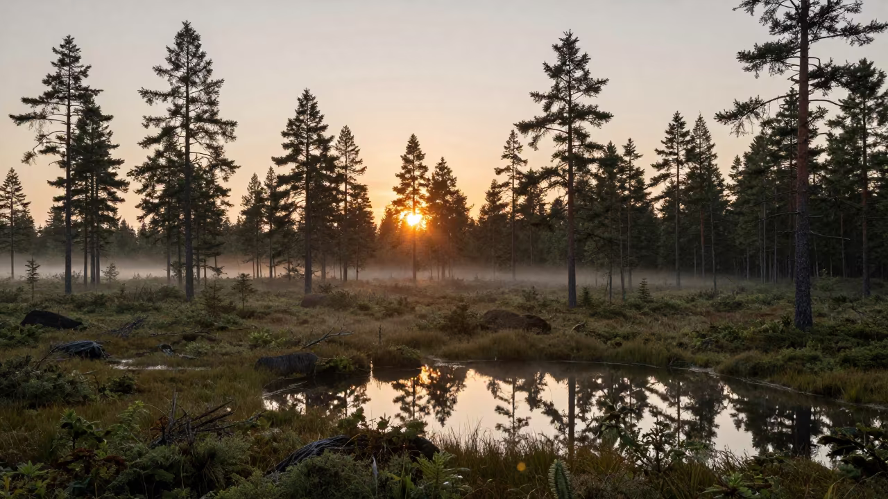 Belgian Boreal Forest Horizon at Dusk with Fog in in Belgium