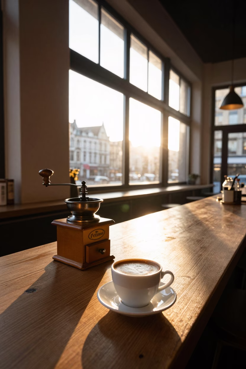 Belgian Cafe Interior at Sunrise with Coffee Grinder and Turkish Coffee Foam in in Brussels, Belgium