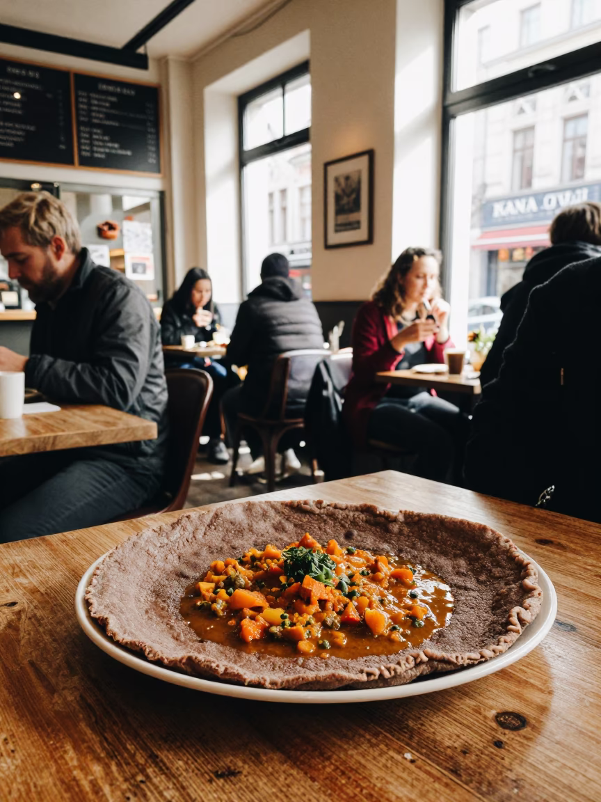 Belgian Cafe Interior Late Morning with Injera Platter and Cutlery in Brussels in in Brussels, Belgium