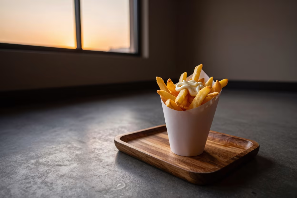 Belgian Frites in Cone with Mayo on Tray in on a tea house tray in Sambhal