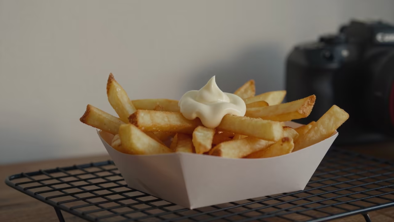 Belgian Frites Mayonnaise on Bakery Rack Sofia in on a bakery cooling rack in Sofia