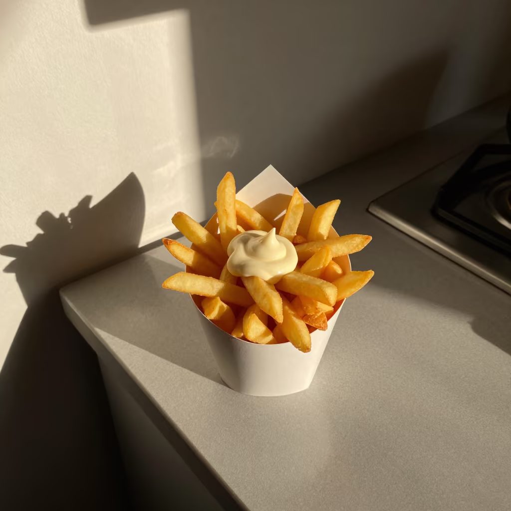 Belgian Fries in Paper Cone on Diyarbakir Counter in on a kitchen worktop in Diyarbakir