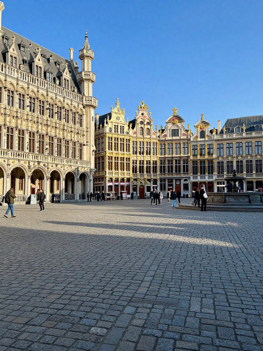 Belgian Grand Place Cobblestones and Historic Architecture in Early Afternoon Sunlight in in Brussels, Belgium