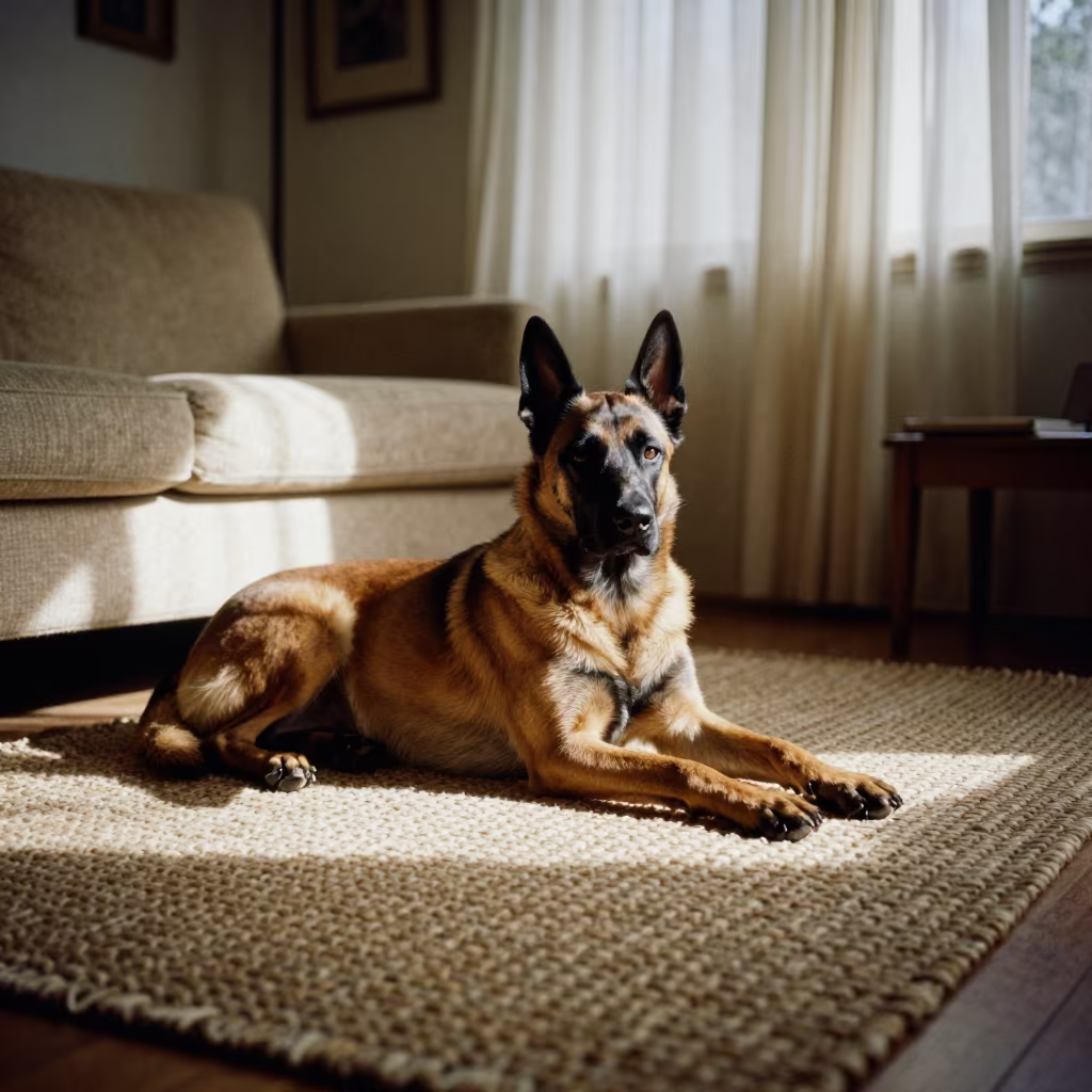 Belgian Laekenois Dog Resting on Rug in on a woven rug beside a low couch and an uncluttered wall in Kasulu
