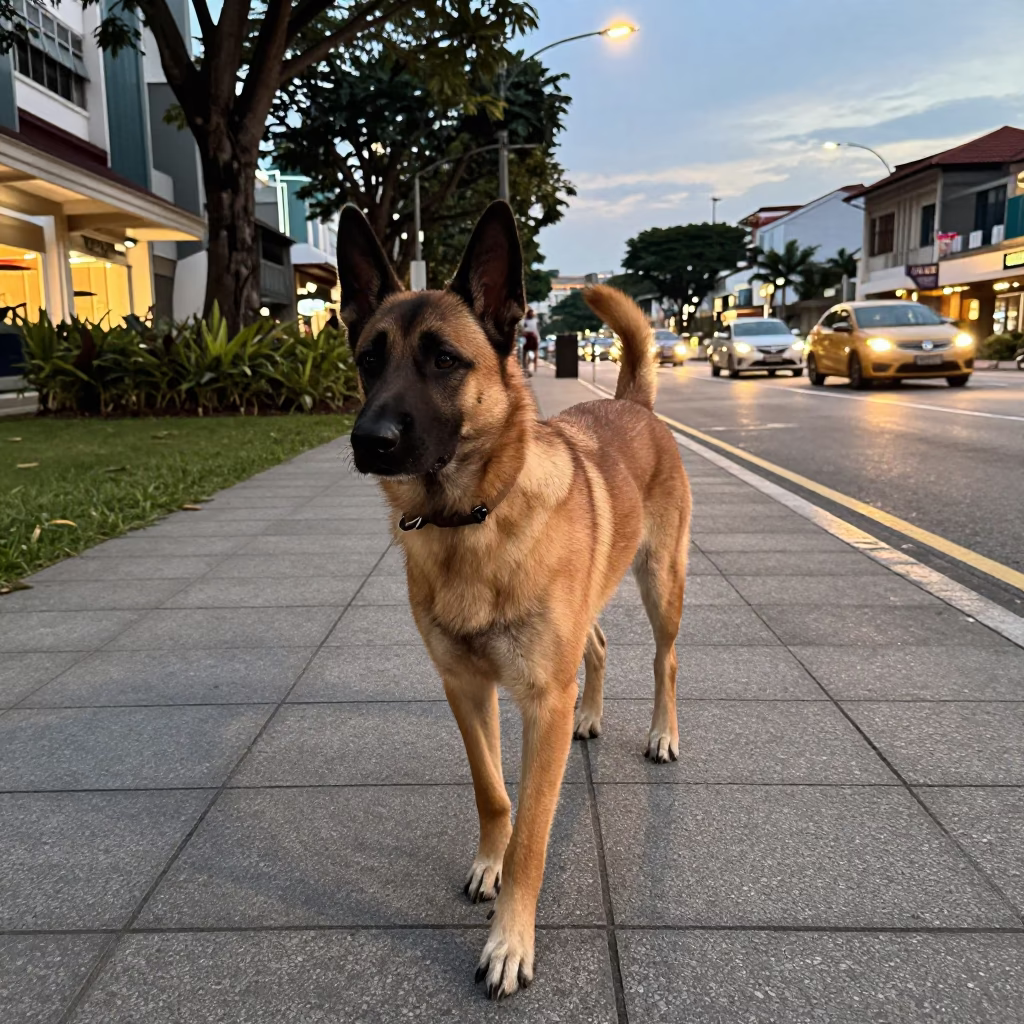Belgian Laekenois Dog Walking on Singapore Street at Early Evening in in Singapore, Singapore