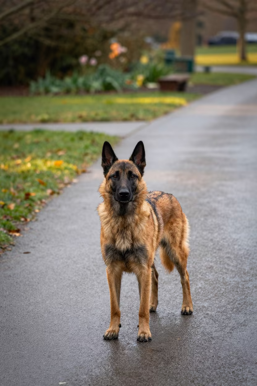 Belgian Laekenois on Park Path in Golden Light in near a garden edge with soft morning light and an uncluttered background near Issia