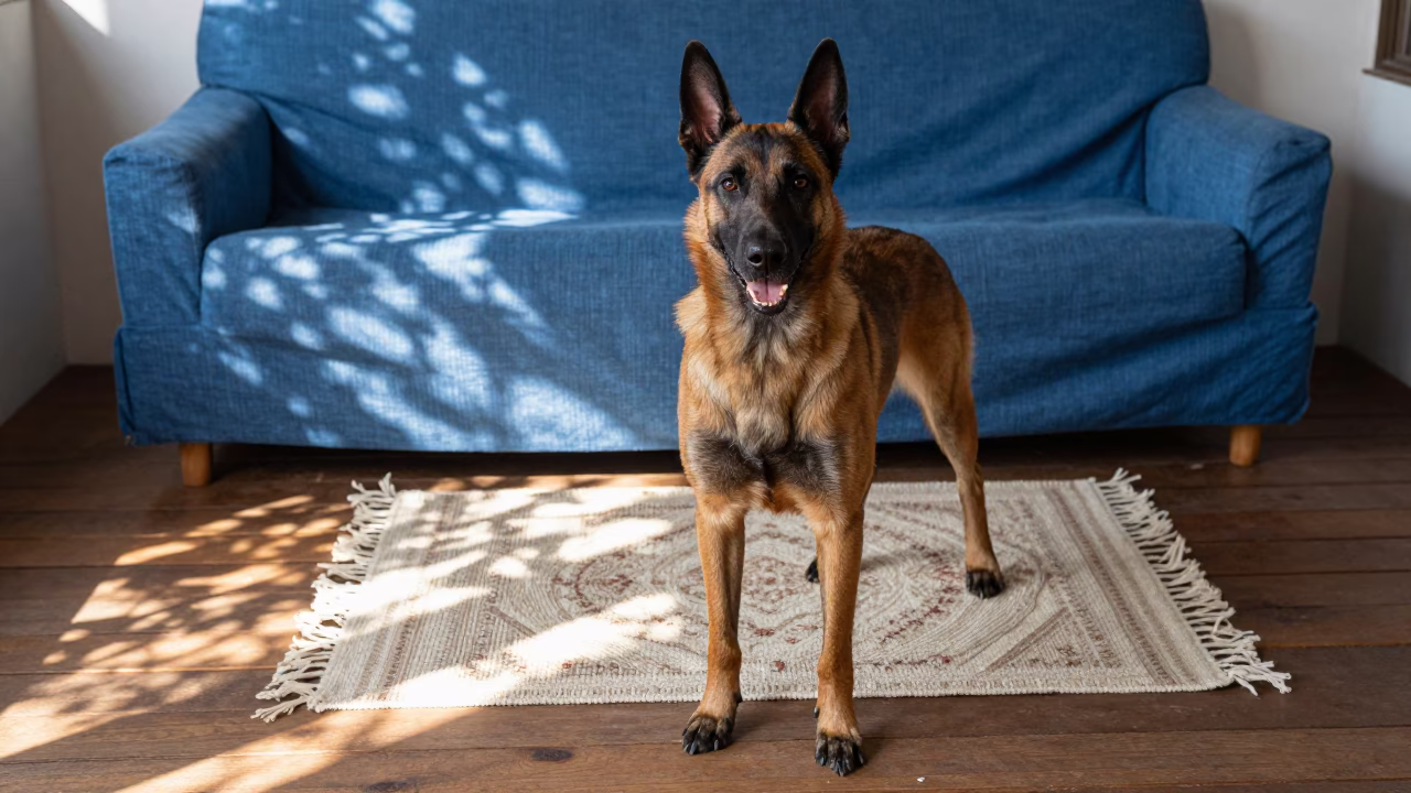 Belgian Laekenois on Shaded Charallave Porch in on a shaded front porch with boards, railings, and eye-level framing near Charallave