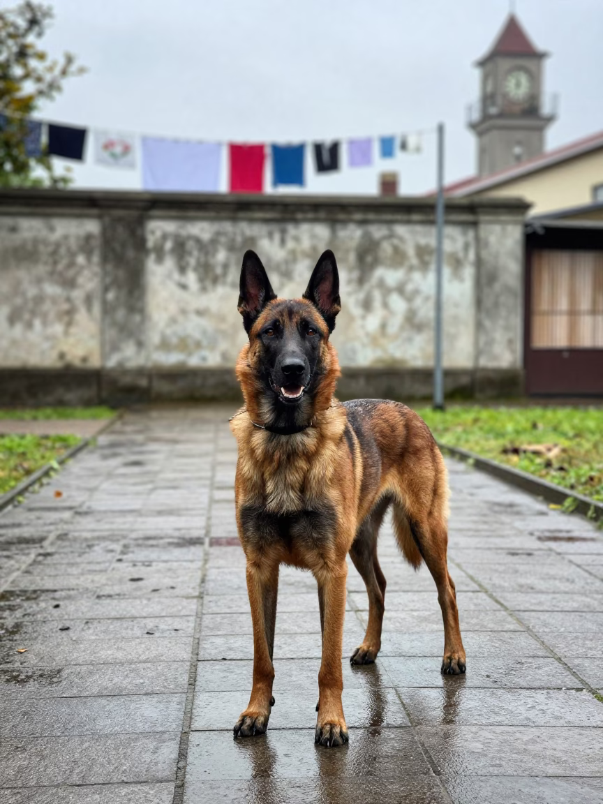 Belgian Laekenois on Westminster Path in beside a plain courtyard wall in clear daylight with the animal at eye level near City of Westminster