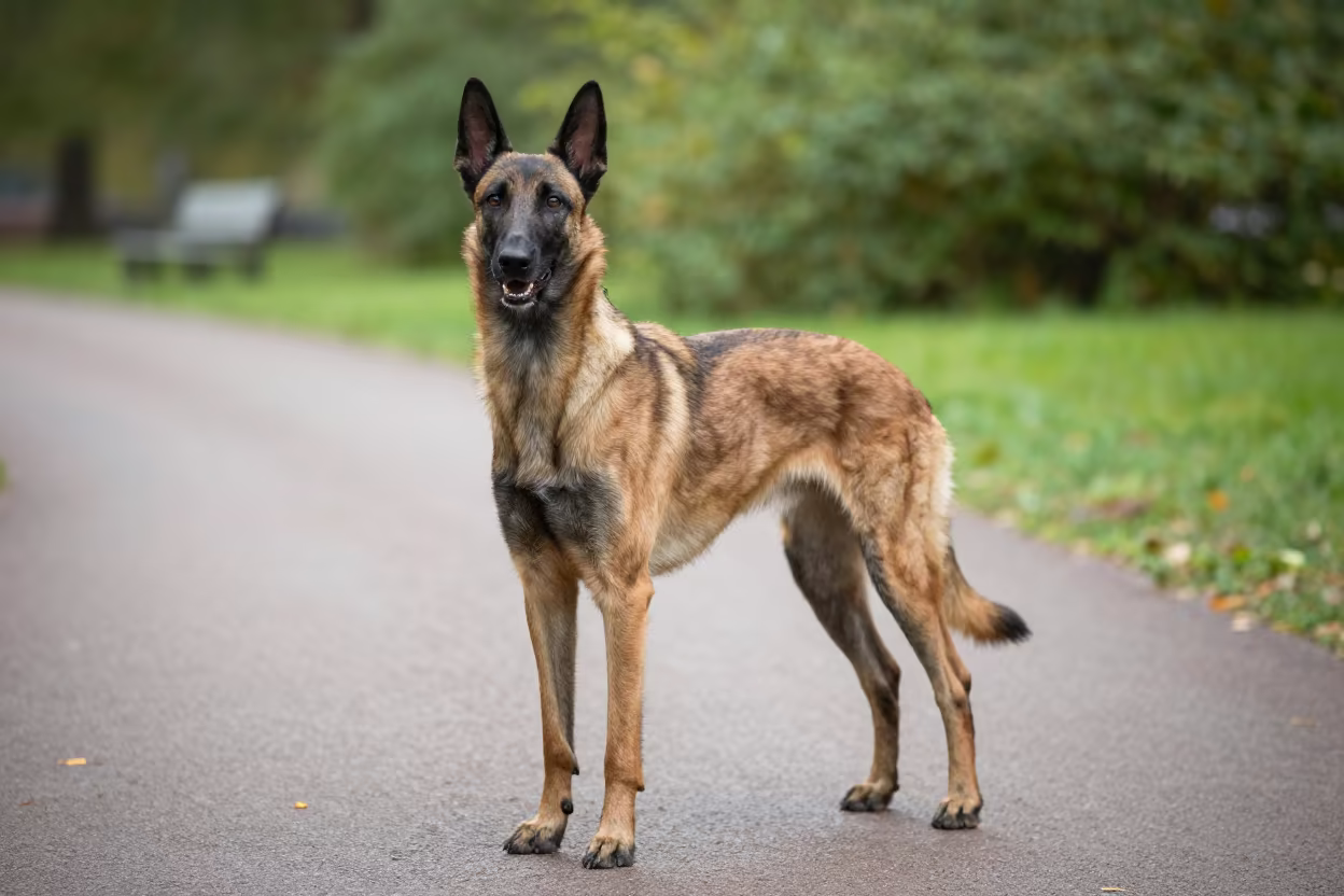 Belgian Laekenois Portrait in Espoo Park Shade in along a quiet park path with soft open shade and a clean background near Espoo