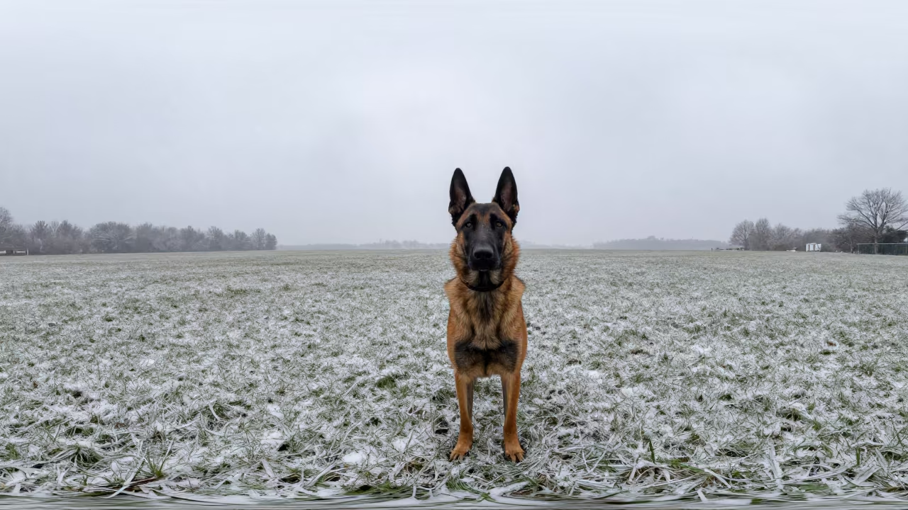Belgian Laekenois Portrait in Quetta Yard Snow in in a small yard with clipped grass, calm light, and the animal centered in frame near Quetta