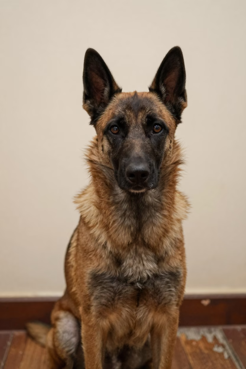 Belgian Laekenois Portrait Near Nizamuddin Delhi in beside a plain plaster wall in soft indoor light with the animal centered in frame near Nizamuddin, Delhi