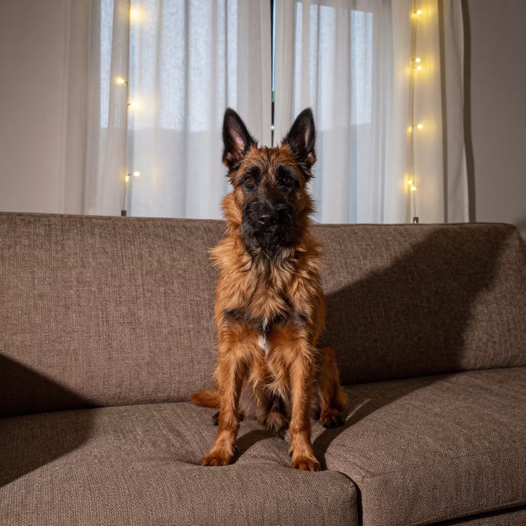Belgian Laekenois Portrait on Sofa Near Window in on a sofa near a curtained window with calm indoor light near San Salvador de Jujuy