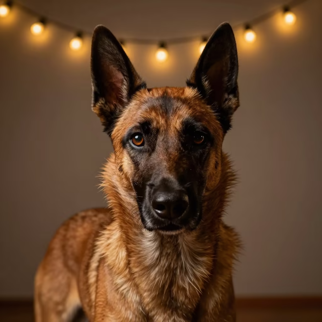 Belgian Laekenois Portrait with String Light Glow in in a quiet portrait studio with a plain backdrop and eye-level framing near Dania
