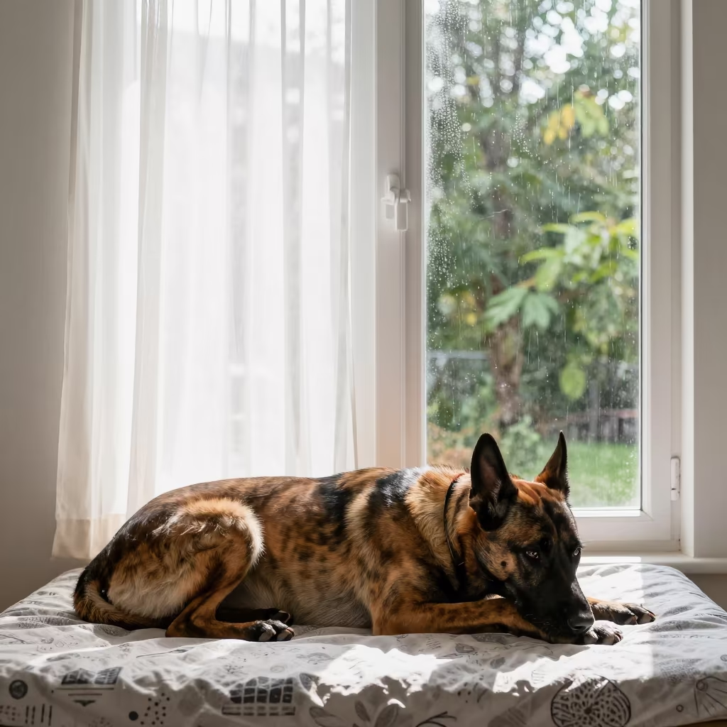 Belgian Laekenois Resting on Bedspread Near Window in on a bedspread near a bright window with calm indoor light in Benin City