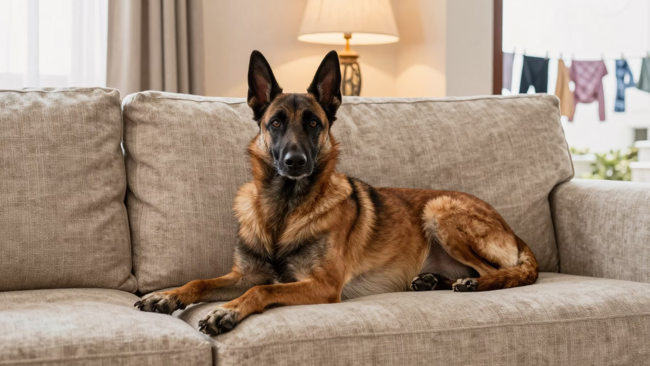 Belgian Laekenois Resting on Linen Sofa in Ghaziabad in on a linen sofa with daylight from a nearby window in Ghaziabad