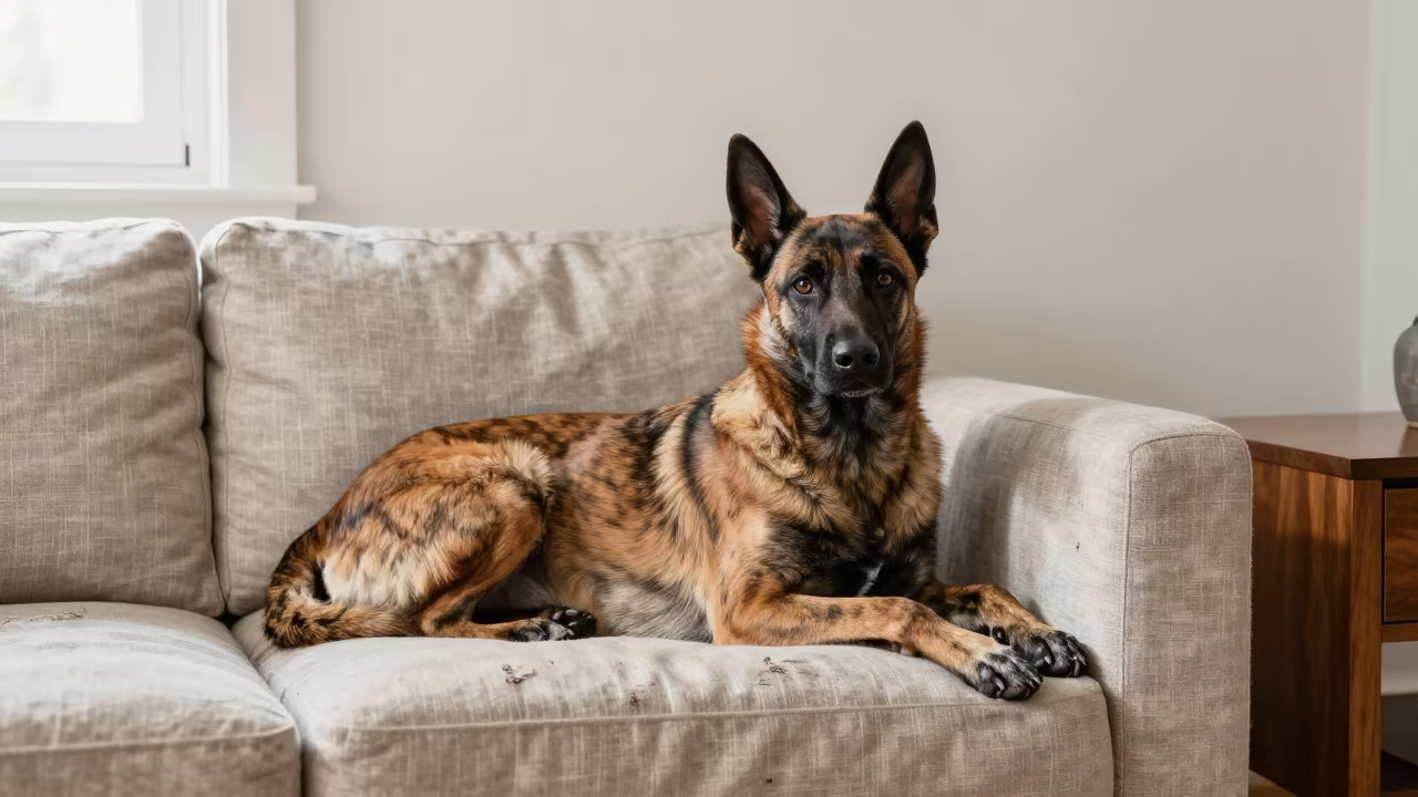 Belgian Laekenois Resting on Linen Sofa in on a linen sofa with daylight from a nearby window in Getafe