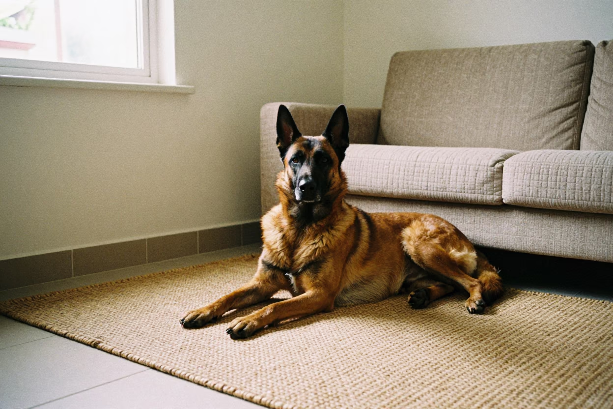 Belgian Laekenois Resting on Rug in Jinan Home in on a woven rug beside a low couch and an uncluttered wall in Jinan